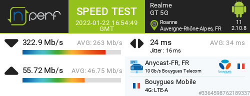 Ari33260's tweet photo. β322923 kb/s β55724 kb/s, β 24 ms / mobile:Bouygues Mobile / #GT5G / #nPerf v2.10.8 / https://t.co/b87iYKdcne
