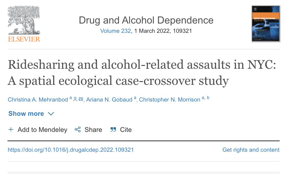 A new article I had the pleasure of working on with Dr. Chris Morrison (<a href="/CUEpidemiology/">Columbia Epidemiology</a>) and <a href="/ArianaGobaud/">Ariana Gobaud</a>. As the transportation landscape changes, we examine the relationship between ridesharing and alcohol-related assaults @DrugAlcoholDep authors.elsevier.com/a/1eSgb1LiD39x…