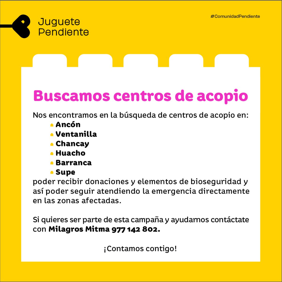 Comunidad,
Estamos en búsqueda de puntos de acopio de donaciones en Ancón, Ventanilla, Chancay, Huacho, Barranca y Supe.
RT por favor para poder conseguir espacios que nos permitirán seguir ayudando.
#JuntosNosHacemosCargo