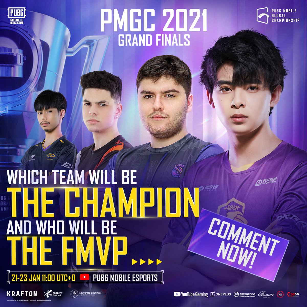 EsportsPUBGM's tweet photo. PMGC Grand Finals LIVE TODAY 11:00 (UTC+0)! Which team can win the trophy? Stay tuned🔥!

📅Grand Finals - 21-23 JAN 11:00 UTC+0, 2022 - Friday, Saturday and Sunday

▶️Watch #PMGC2021 ONLY on our official YouTube 👉https://t.co/oHmVqzYAjg

#PUBGMOBILE #OnePlusPMGC #VisitSingapore https://t.co/1v8IRnvaLr
