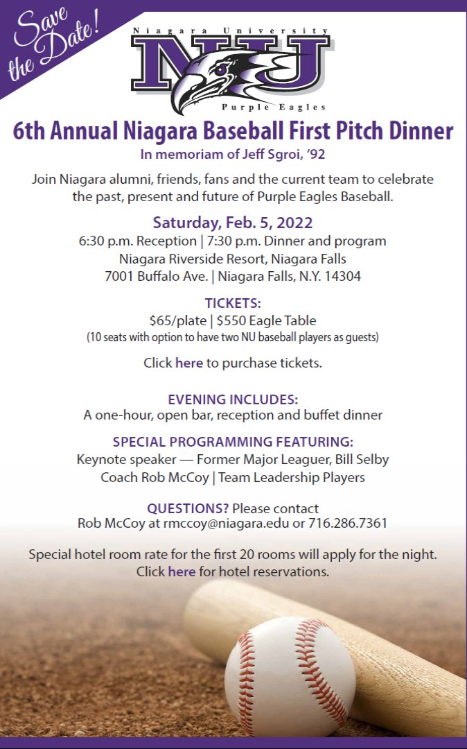 🚨🚨 Niagara Baseball's 6th Annual 1st Pitch Dinner is rapidly approaching! Get your tickets today to support Niagara Baseball and have a GREAT evening celebrating our program and players!

support.niagara.edu/events/er-2022…