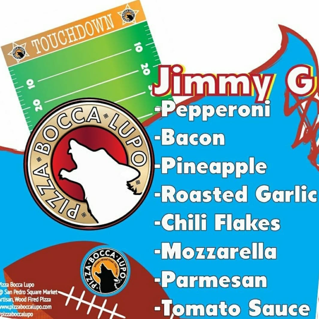 The Meat Lovers' <a href="/49ers/">San Francisco 49ers</a> Delight "Jimmy G"! Pepperoni, bacon &amp; pineapple😋 Rally up your troops &amp; come watch the game @ <a href="/SPSMarket/">SanPedroSquareMarket</a> today! #tastesgreatbaby #PizzaBoccaLupo  <a href="/NFL/">NFL</a> #NFL #playoffs #dtsj #foodlover #artisan #pizza #pizzaparty #yum #beer #pepperoni #bacon #woodfiredpizza