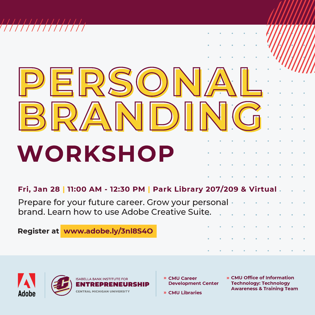 CMUNVC's tweet photo. Save the date for the Personal Branding Workshop on January 28th. Join IBIE and collaborators to build your personal brand and discover what Adobe Creative Suite has to offer you!
This workshop is open to all students. Visit https://t.co/fz5fNwP1Bj to learn more!
#cmu #cmunvc https://t.co/cz5EwYYIRj