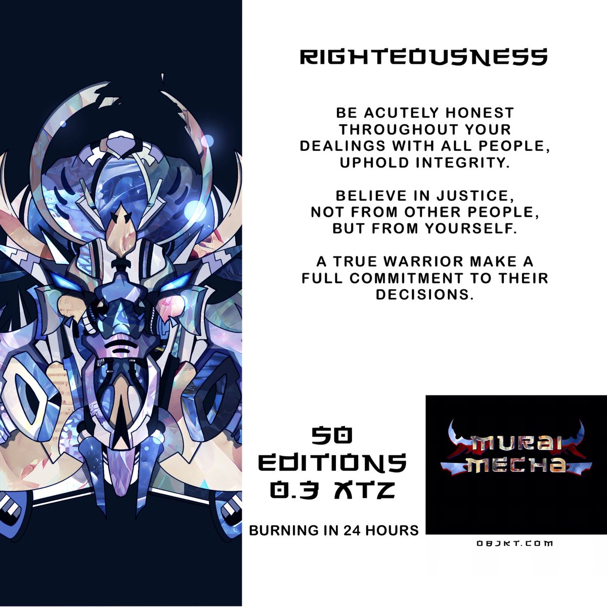 nft_unity's tweet photo. Heya all,
my best friend @MucangNft and I have minted 4 of 8 #nftart from his collection on @objktcom.

This collection is inspired by the Bushido virtues, we both wish that these ancient wisdom might enrich us. 

BURNING in 24 hrs for 2 of them!

LINK 
https://t.co/FUBLutZjP1 https://t.co/MzR2xn2H3J