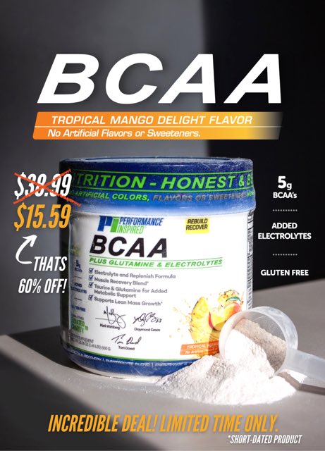 PerformInspired's tweet photo. Our BCAA Tropical Mango Delight is 60% off! That's only $15.59! Get this essential recovery & electrolyte-filled formula today!
#bcaa #bcaapowder #musclerecovery #postworkout #fitnessmotivation #healthylifestyle #cleaneating #nutrition #gymlife #fitlife #gymjunkie #protein https://t.co/TxvxtjtMOM
