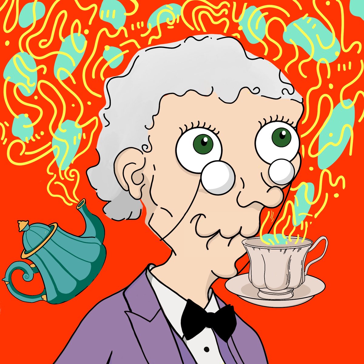 With other grannies having a peek at their food , the XXVIII Granny makes her entrance to the hall giving all other grannies a sigh. Having a cup of British tea before entering and greeting other grannies.☕️

#nft #nftart #the33grannyclub #nftartist