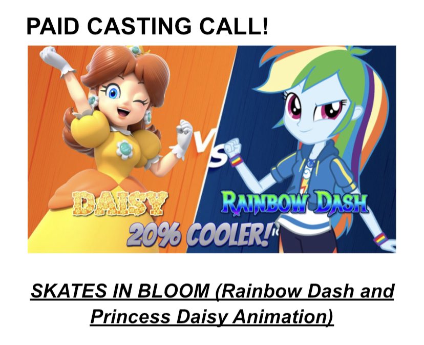 EdwardSabaVO's tweet photo. PAID CASTING CALL! #voiceacting #Daisy #EQG 🦄🍄

I teamed up with @MossAnimation to create a scene between Princess Daisy and Rainbow for my Mario x Equestria Girls Shorts series

BUT WE NEED VOICES FOR DAISY AND RAINBOW DASH! 😄😄😄

Audition details:  https://t.co/xoKTz1WWqK https://t.co/0TWPdI9nYt