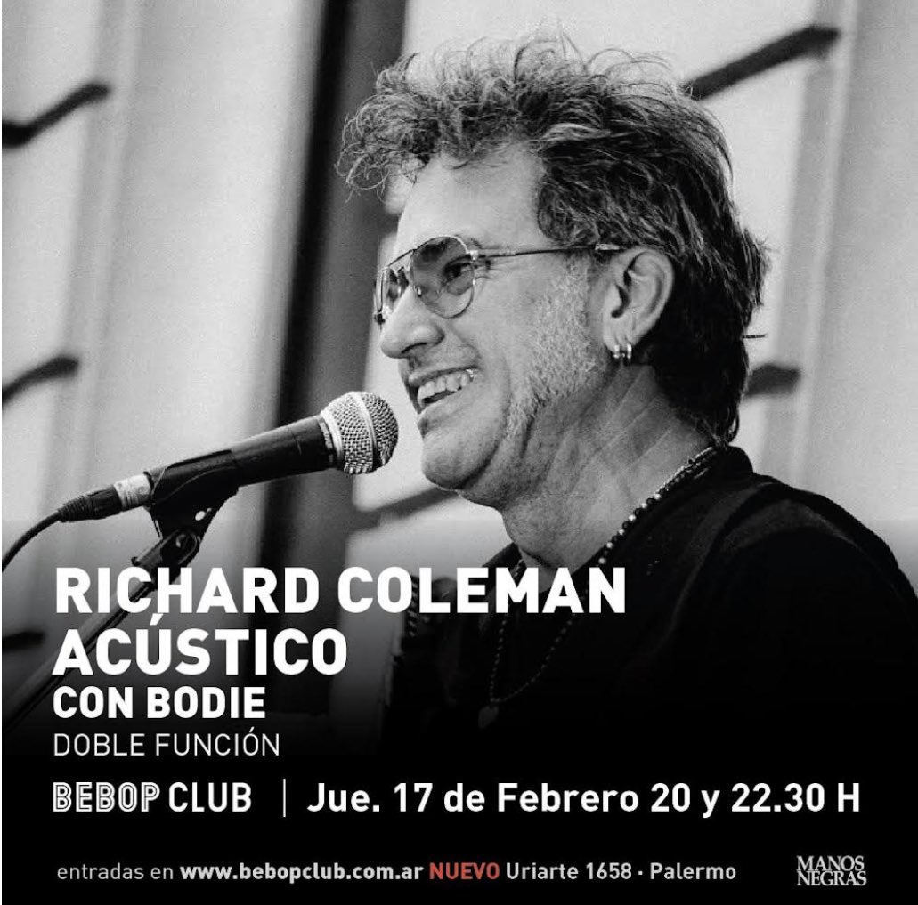 colemanrichard's tweet photo. ¡Último acústico en CABA,! 17/02 en @bebopclub  
Entradas: https://t.co/UNduixc3qo https://t.co/S6ZrOCjv2r