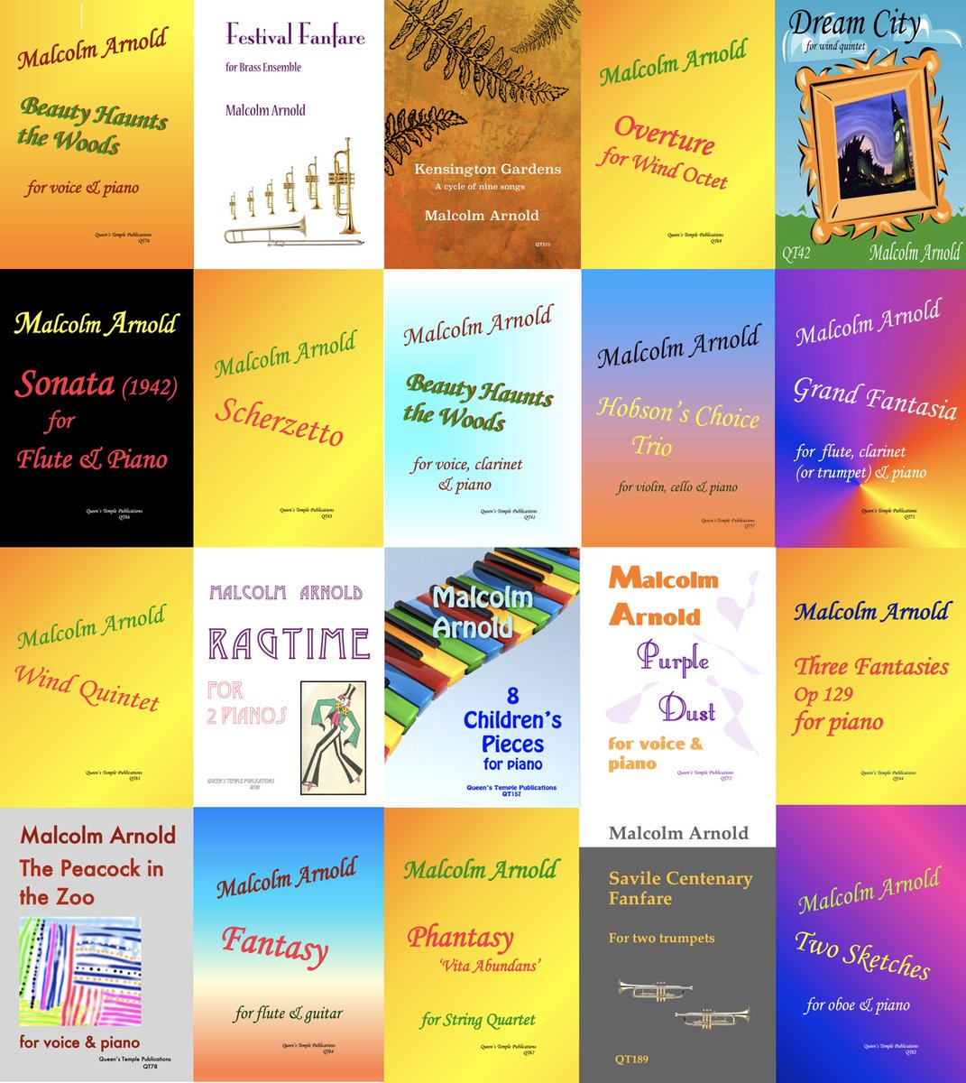 QTpublications's tweet photo. Queen's Temple Publications is very proud to have responsibility for quite a significant number of works by the great Malcolm Arnold!

Here, in his centenary year, are just some our Arnold publications.

Do check our website for details
https://t.co/HjzAO3dPFX https://t.co/WkckUW32kq