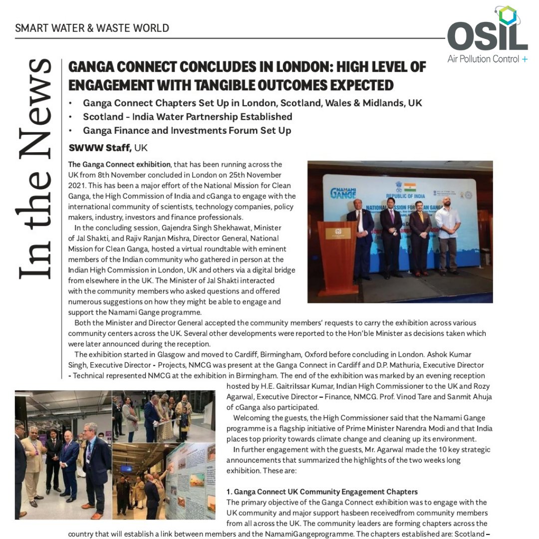 OSIL_Air's tweet photo. Osil made it to the news for the Ganga connect exhibition. The exhibition concluded in London on 25th November 2021. The event aimed at multiple issues including clean Ganga, Scotland-India water partnership and Ganga Finance and Investments. 
#water https://t.co/dhSRjea9IV
