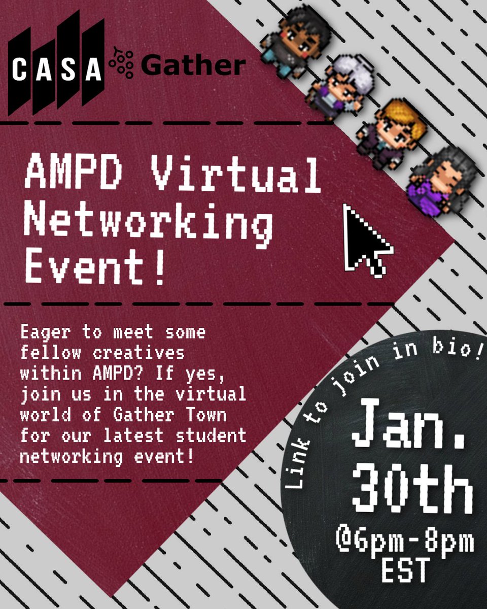 Want to network with fellow creatives? Or just meet some artsy new friends? 

Join us online on January 30th at 6pm-8pm (EST) for our virtual student social in Gathertown! 

You can join the event through the Gathertown link that will be posted in our linktree on the event day!