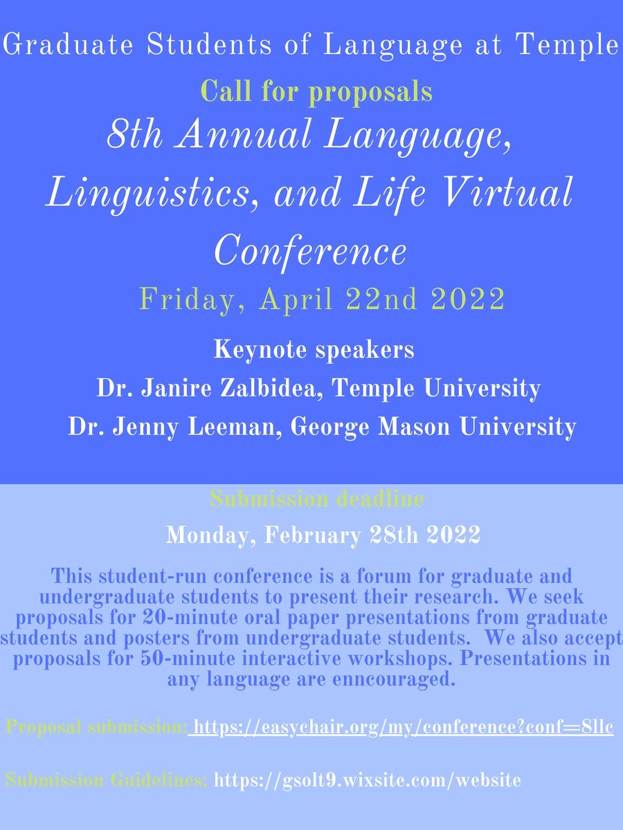 gsoltinfo's tweet photo. Join us for the 8th Annual Language, Linguistics, and Life Virtual Conference on April 22nd! This year's theme is Language, Diversity, Equity, and Inclusion. See the flyer below on how you can submit your proposal! https://t.co/pC86cPFpaC