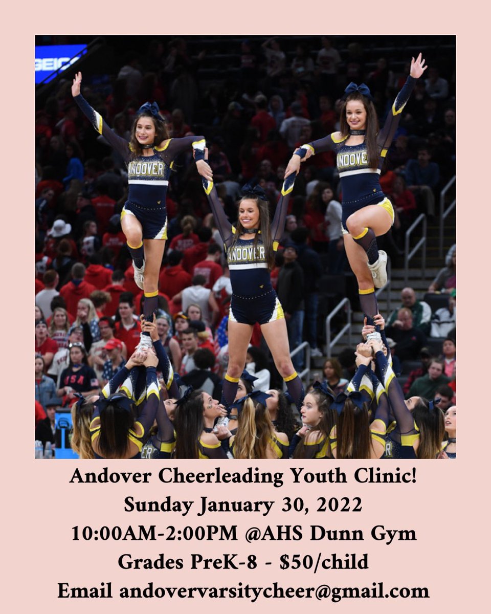 Andover Cheerleading (@ahs_cheering) on Twitter photo โผ๏ธTIME CHANGEโผ๏ธ
Our clinic on 1/30 will now be from 10AM-2PM! If you have already registered, we will be in touch via email. Thank you!
<a href="/AndoverWarriors/">Andover Athletics</a> <a href="/AndoverHS_Princ/">Caitlin Brown</a> โผ๏ธTIME CHANGEโผ๏ธ
Our clinic on 1/30 will now be from 10AM-2PM! If you have already registered, we will be in touch via email. Thank you!
<a href="/AndoverWarriors/">Andover Athletics</a> <a href="/AndoverHS_Princ/">Caitlin Brown</a>
