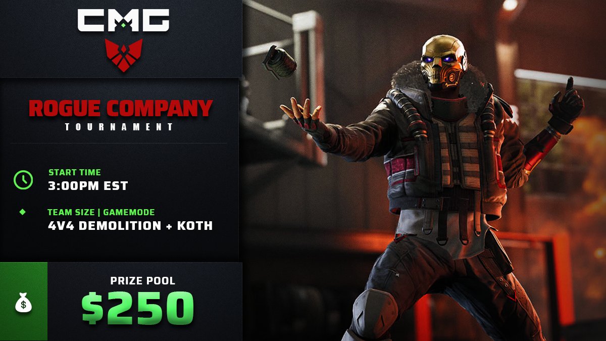🏆4v4 <a href="/RogueCompany/">Rogue Company</a> Free Entry Tournament

📝 4v4 | Demolition+Koth | NA+EU
⏰ 3:00PM ET / 12:00PM PT
💸 $250 Cash Prize / Free Entry

JOIN NOW » checkmategaming.com/tournament/cro…