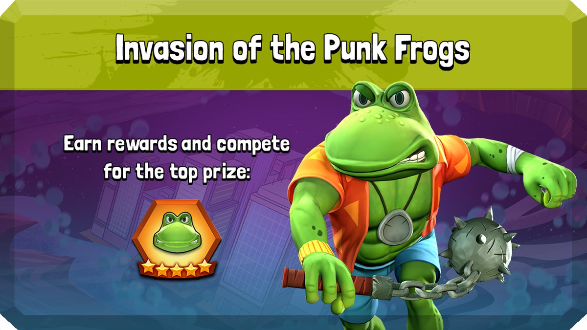 TMNTMadness's tweet photo. The Invasion of the Punk Frogs economy event has begun! Collect and use Hero Bits to earn milestone rewards and to compete to get the hero ATTILA!

Ends February 5th at 10 AM PST. Access to this event will require completing Adventure 13-1. https://t.co/8KODFuY0SW