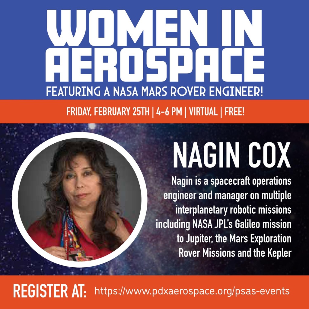 pdxaerospace's tweet photo. PSU AIAA is having a virtual Q and A with NASA Mars Rover Engineer, Nagin Cox on February 25th at 4-6! To register for the event please go to https://t.co/ajRX1PLcN8 https://t.co/rD88qhyaXx