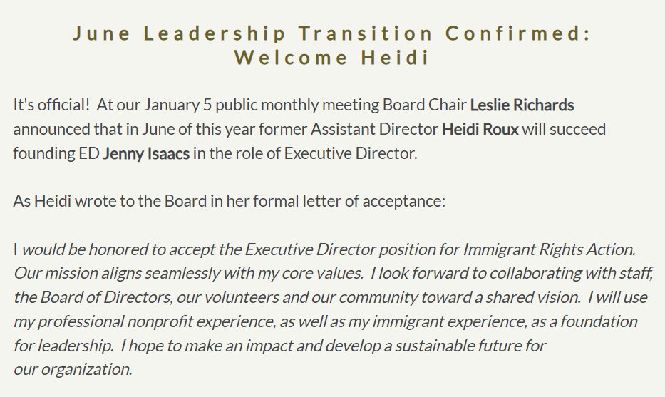 Congratulations to Heidi Roux on her transition from Assistant Director to Executive Director of Immigrant Rights Action! 

#immigrationrights #grassrootsleaders 
#womeninleadership #womenignitingchange