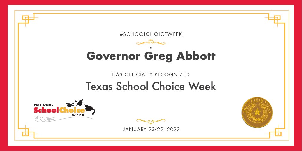 Texas' <a href="/GovAbbott/">Greg Abbott</a> officially declared January 23-29 as #SchoolChoiceWeek! 

Governors play a key role in raising awareness about school choice in their state and with this proclamation, we're closer to helping Texas families access educational opportunity!