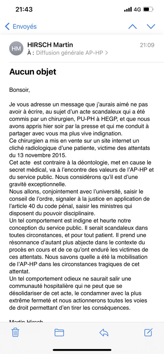 Pour qu’il n’y ait aucune ambiguïté sur notre indignation, je partage exceptionnellement le message que j’ai adressé ce soir à l’ensemble de l’<a href="/APHP/">Assistance Publique – Hôpitaux de Paris (AP-HP)</a>