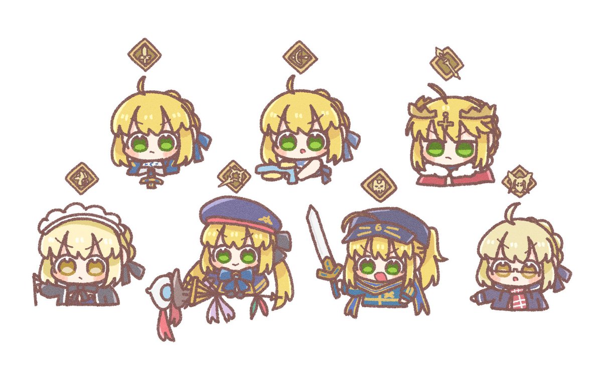 artoria caster (fate) ,artoria caster (second ascension) (fate) ,artoria pendragon (alter swimsuit rider) (fate) ,artoria pendragon (alter swimsuit rider) (second ascension) (fate) ,artoria pendragon (fate) ,mysterious heroine x (fate) ,mysterious heroine x alter (fate) blonde hair hat multiple girls excalibur (fate/stay night) holding green eyes white background  illustration images