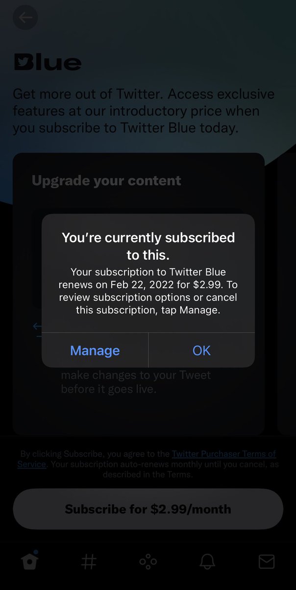 nipterink's tweet photo. @TwitterBlue just subbed on iOS and it says active but everything is still behind the paywall 😞 — even after deleting and reinstall the app https://t.co/uS4RZn50S5