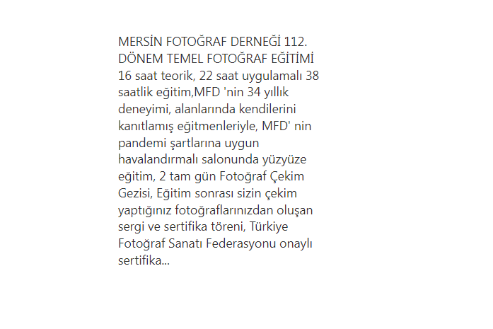 112. DÖNEM TEMEL FOTOĞRAF EĞİTİMİ 16 saat teorik, 22 saat uygulamalı 38 saatlik eğitim,MFD 'nin 34 yıllık deneyimi, alanlarında kendilerini kanıtlamış eğitmenleriyle, MFD' nin pandemi şartlarına uygun havalandırmalı salonunda yüzyüze eğitim...