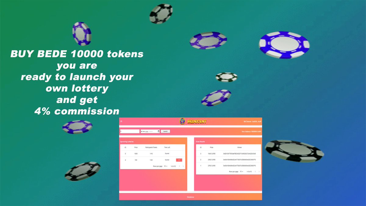 Know more benifits of $BEDE in #Discord

Join #discord for more details
discord.gg/nKakEDGJuT

#IDO #bedecent #BSC #BSCGem #BinanceSmartChain #Binance #NTFs #OG #casino #LOTTO #NEWTOKENS #NewNFT #cryptocurrency #gaming #WHITELIST #Whitelisting #bede