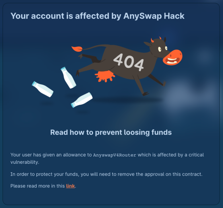 CoWSwap's tweet photo. Protecting our users is our core mission!  

If your account was affected by the @MultichainOrg exploit, you will be forced to revoke these contracts 👊

CoWs got your back 🐮🫂 https://t.co/fOqhRbEgNd