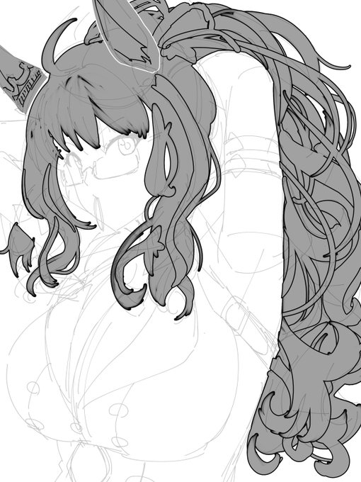 境界線使って髪のアタリとってみたんだけど
これ全体をとらえやすくて結構いいかも
削ったり盛ったりするのも簡単だし
今度から線画の前にこれやるようにしよう 