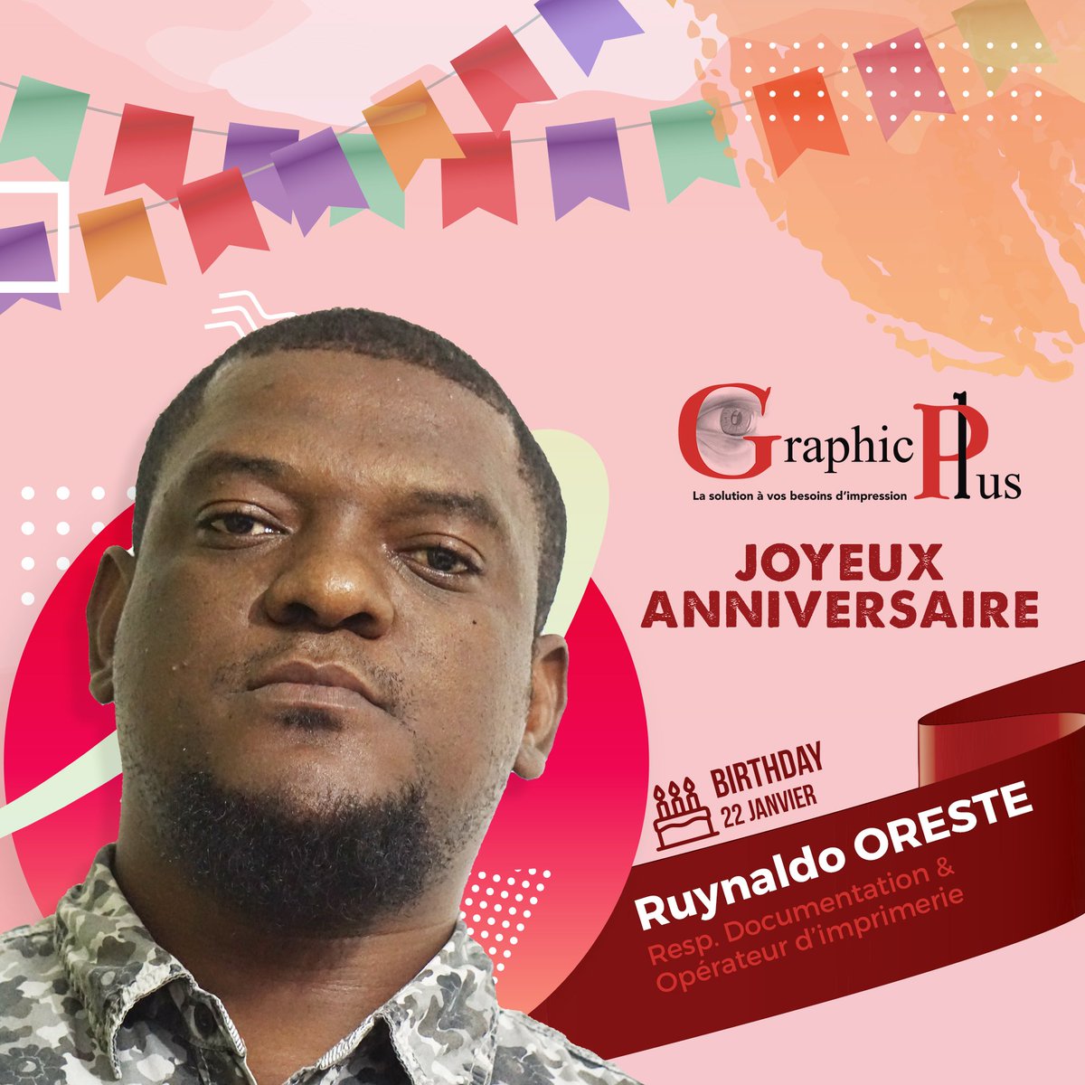 GraphicPlusHT's tweet photo. Joyeux anniversaire. Que ta journée soit remplie de sourires, beaucoup de rires, de bonnes vibrations et de bonheur!
.
#BirthdaySeason #Birthday #GraphicPlus #GraphicPlusHaiti #GraphicDesigner 
#GraphicPlussengageToujoursàRespecterSesValeurs #GraphicPlusHaiti https://t.co/2trW9UQaXu