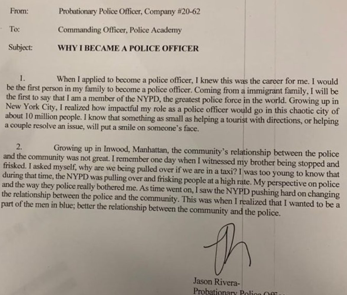 "Why I became a police officer"

Written by NYPD Officer Jason Rivera, 22-year who grew up in Inwood, killed last night in the line of duty. 

Stop whatever you are doing and read this.