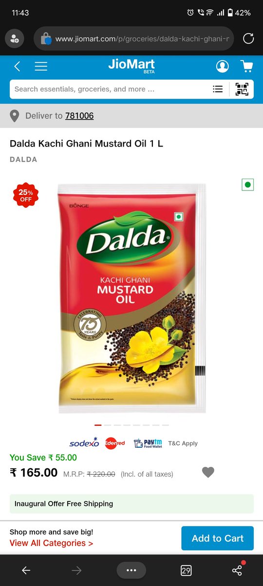 DeepJGogoi's tweet photo. @JioMart_Support Order ID - 16427953720050910M
Why do you increase the MRP &amp; give a Fake Discount? Isn't it a crime to dupe the Customer by inflating the Price &amp; selling above the "QUOTED MRP"?. Bought Dalda Mustard Oil which has an MRP of Rs. 190/- instead of Rs. 220/-. Exhibits https://t.co/LisMfizC8k