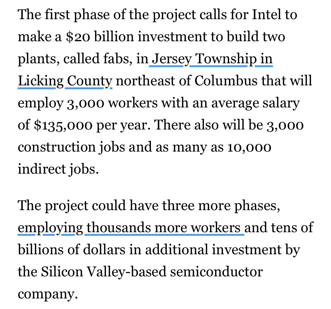 @kylegriffin1 Big pieces of info here, they plan to have two facilities completed by 2025 and the 3,000 direct Intel jobs will have an average salary of $135,000 #SiliconHeartland