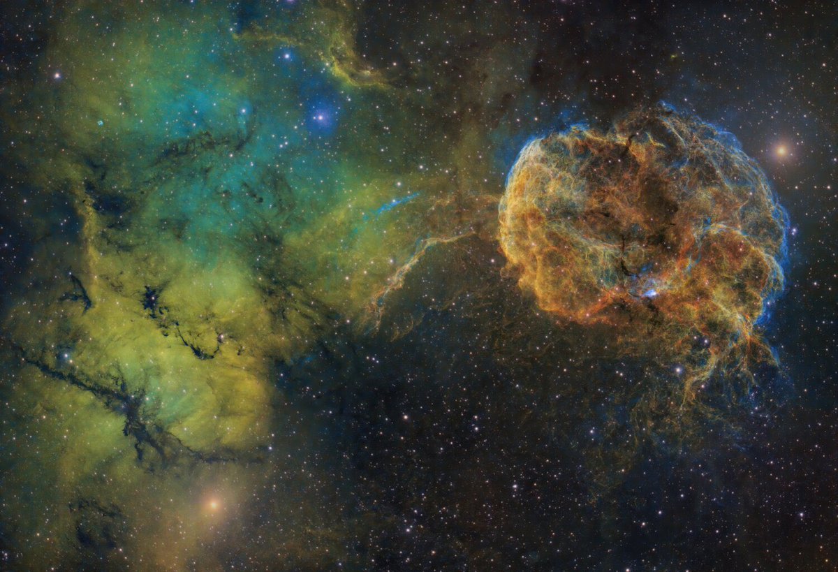 Total exposure time of 38h with individual subframe of 10min for each filter SHO.Also  included data from Chandra telescope to enhance the xray area in the  center of ic443 where there is a neutron star probably leftover from the  supernova.       
Copyright:   Riccardo Pacini