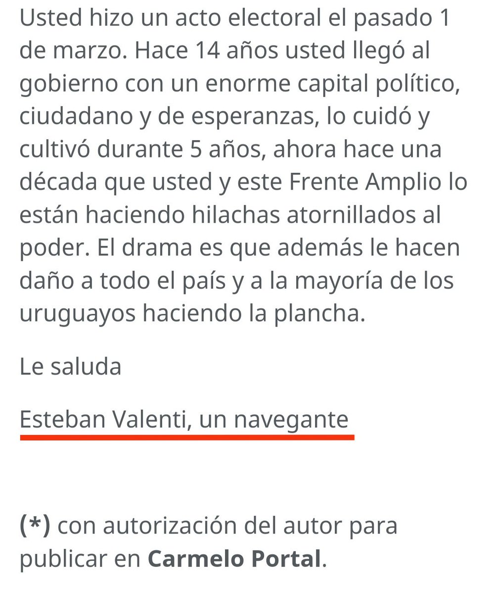 AltaFachaUy's tweet photo. Carta abierta de Esteban Valenti al entonces Presidente de Uruguay, Tabaré Vázquez, fechada el 2 de Marzo de 2019.

Capaz que el @Frente_Amplio no tiene memoria, pero #YoNoMeOlvido. 😏 https://t.co/ojWL9fO160