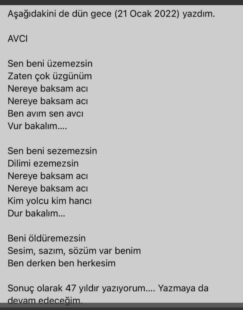 #SezenAksu dan açıklama var: "Biliyorsunuz, konu ben değilim, memleket... beni öldüremezsin...Sesim, sazım, sözüm var benim"