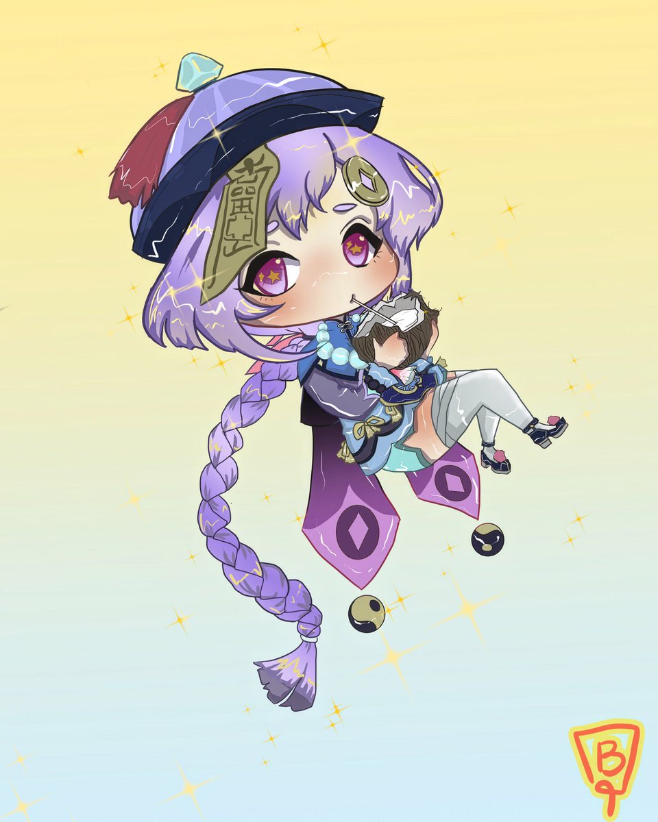 bleese_'s tweet photo. Giving Qiqi the milk that she demands. 

💜 my very first genshin impact fanart
⛔️Please do not copy or reproduce without my permission. Xie xie! 💜
#GenshinImpact #genshinimpactfanart 
#Qiqi #DigitalArt #Chibi #Bleese https://t.co/s0rUgR261M