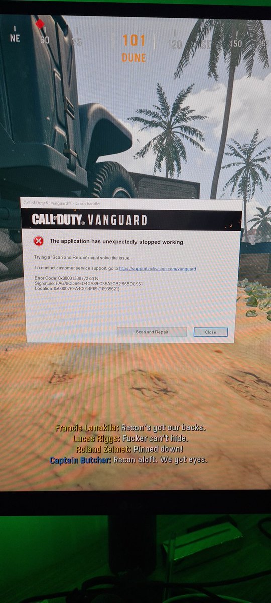 dma9411's tweet photo. Anyone know how to fix this error in #vanguard ? Literally crashes as soon as I get a 4 kill streak... super annoying as going for atomic.. literally hit 4 kills and a few seconds it crashes #help https://t.co/cbU0zrZWAp