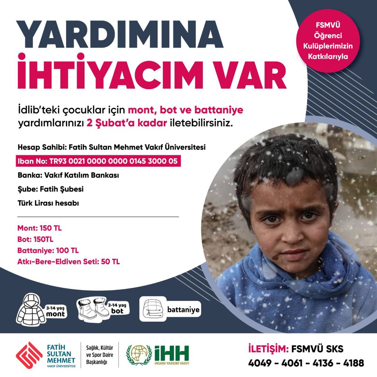 GencFsmvu's tweet photo. Üniversitemiz @Fsmvusks birimi tarafından İdlip’deki kamplarda ağır kış şartları altında zor günler geçiren çocuklarımız için bir kampanya başlatıldı.
Sizleri de destek olmaya davet ediyoruz.
#fsmvü #İdlip #bircocuğungülümsemesidirhayat https://t.co/OmpgTFC4rI