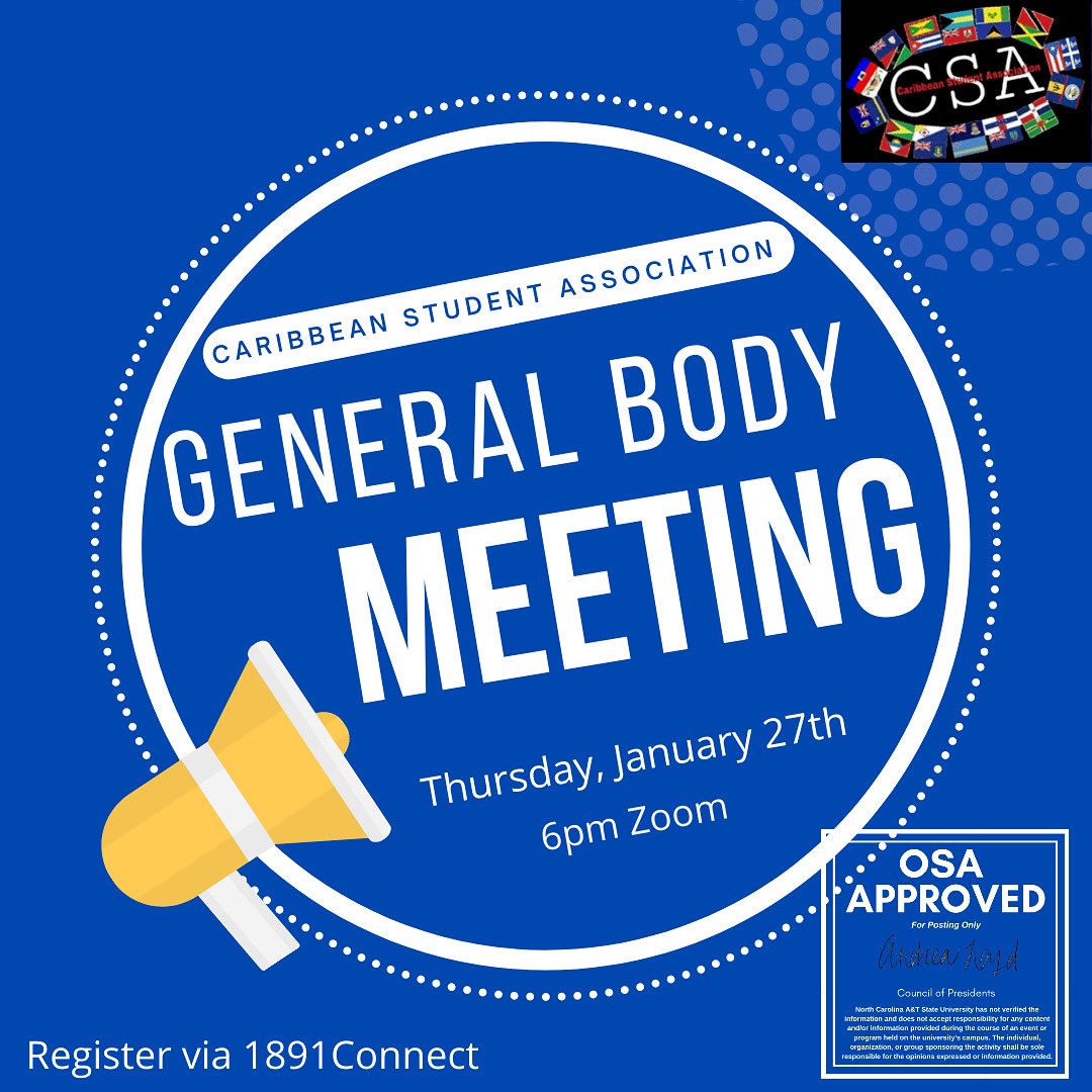 CsaNcat's tweet photo. Thank you all for joining us at the @NCATCOP Organization Fair yesterday ! Don’t forget to register for our general body meeting on Thursday January 27th Via Zoom !!! Cant wait to see you all there 🤍🌴🤟🏾 #ncat #caribbean https://t.co/QE8VW6gJ1w