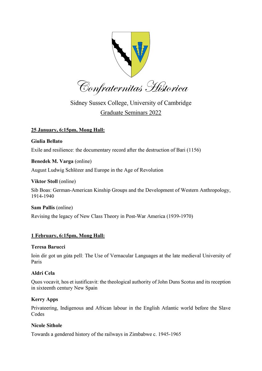 Elvira V. Tamus (@evtamus) on Twitter photo Nicole Sithole (<a href="/NEN_Sithole/">Nicole Sithole</a>) and I are pleased to share the programme of the Graduate Seminars of Confraternitas Historica, the History society of <a href="/SidneySussex/">Sidney Sussex College, University of Cambridge</a>. Join us in person or online to hear these exciting talks of Cambridge PhD students (DM me for the link) 📜 Nicole Sithole (<a href="/NEN_Sithole/">Nicole Sithole</a>) and I are pleased to share the programme of the Graduate Seminars of Confraternitas Historica, the History society of <a href="/SidneySussex/">Sidney Sussex College, University of Cambridge</a>. Join us in person or online to hear these exciting talks of Cambridge PhD students (DM me for the link) 📜