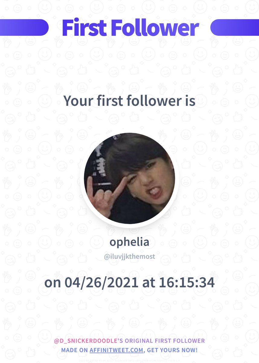 ✨ First Follower

I just discovered my first follower on Twitter, it's iluvjjkthemost and they followed me on 04/26/2021 at 16:15:34!
Who's your first follower?

➡️ affinitweet.com/first-follower
