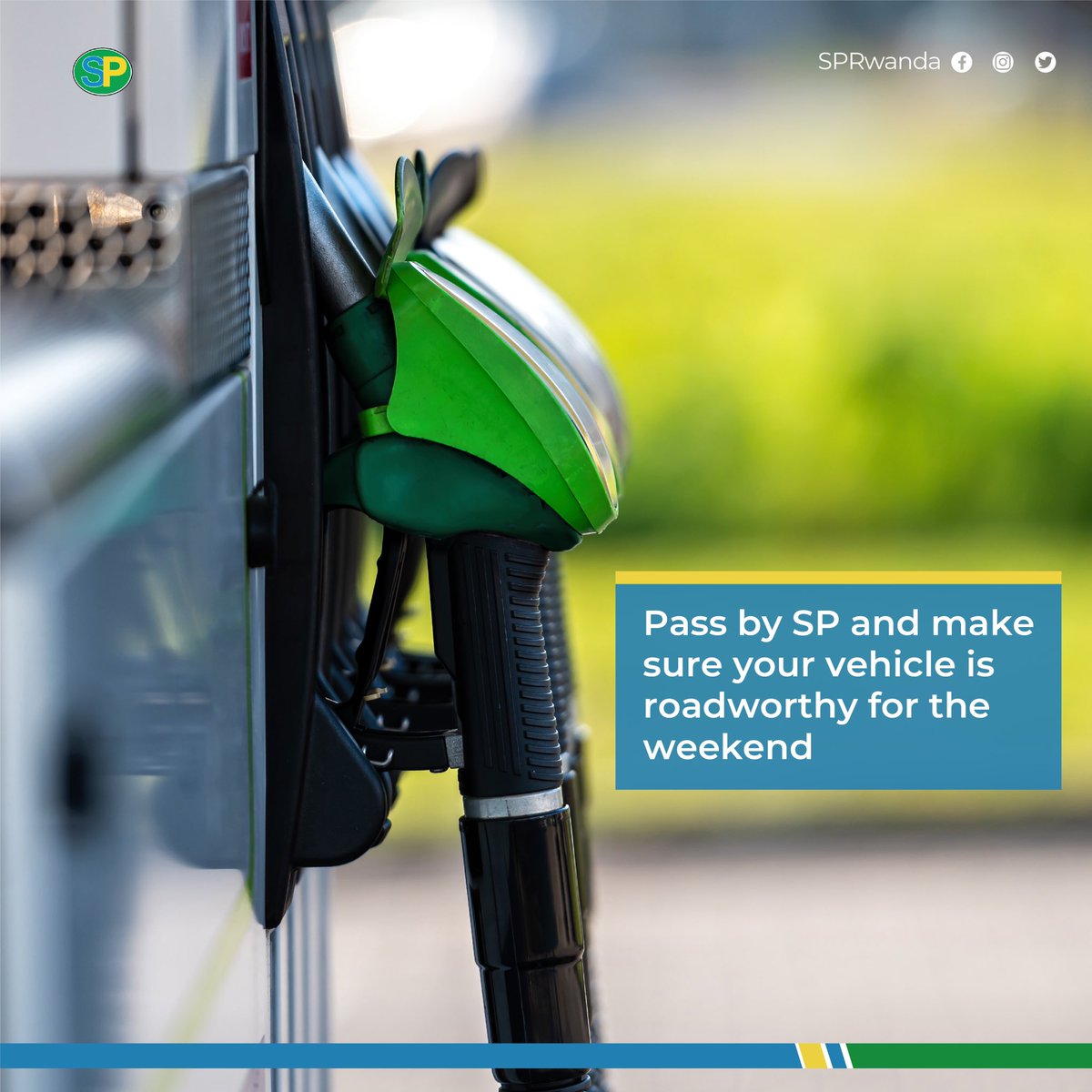 SPRwanda's tweet photo. This Saturday, make sure your vehicle is roadworthy before you hit the road. Stop by one of our service stations near you today for a quick check and refuel.
#SPStation #SPRwanda
#SPFuel #StationService
#EngineFuel #Rwanda #StaySafe https://t.co/4JKeniAc5d