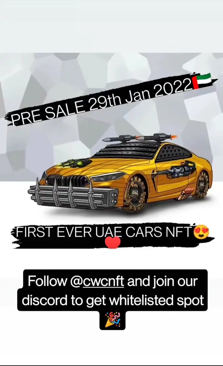 CWCNFT's tweet photo. Who is ready? 🚗

Join us on discord: https://t.co/tZxCPHZMGj

#NFT #NFTCommmunity #cars #UAENFT #UAE https://t.co/j6FBhbiyAw