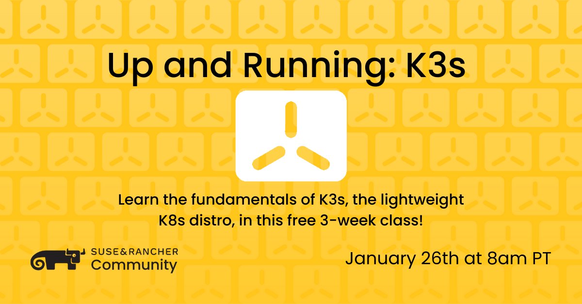 Join the <a href="/SUSE/">SUSE</a> &amp; Rancher Community Wednesdays at 8am PT to learn how to deploy and use #K3s, the lightest #Kubernetes distribution out there, in a class with hands-on challenges you can run in your own environments!

Save your spot here! ➡okt.to/hQOqb7
#k8s #SUSE