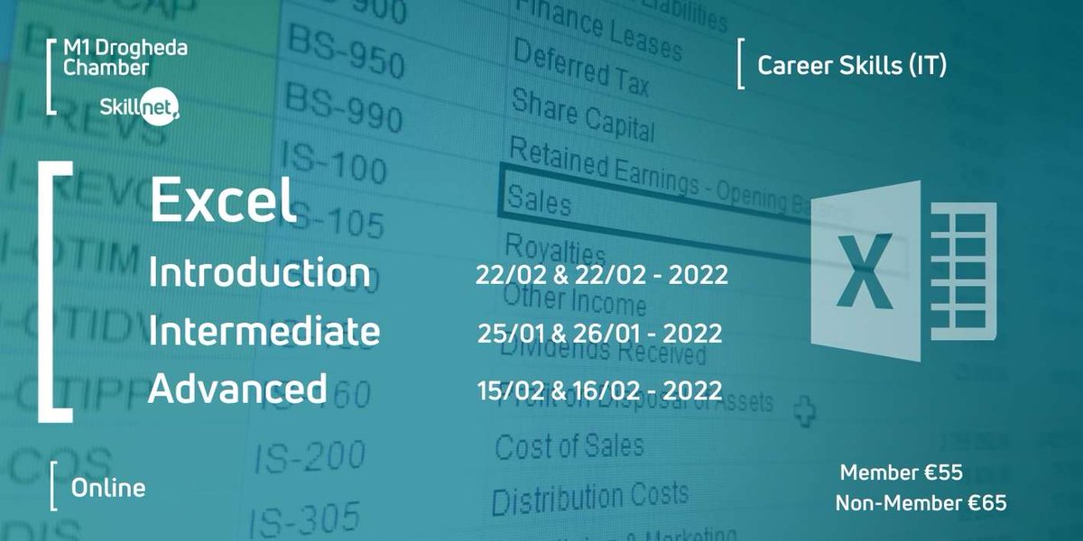 M1Skillnet's tweet photo. Key career skill alert ๐จ
Our subsidised Excel sessions for Jan/Feb 22 kick off next week.
Delivered online over 2 x 1/2 days.
Find out more >> https://t.co/mfZfwjceekโฆ
#M1Skillnet #louthchat @DroghedaChamber https://t.co/6iLqxN11fS