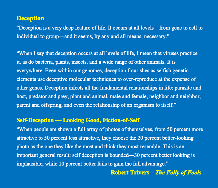 Postgenetic's tweet photo. @joe_shipman "Fitness Beats Truth" Donald Hoffman

F > T: Fundamental, selected &amp; conserved-across-species code for relationship interface.

Self Deception is a fundamental fitness app.
eg ↓ https://t.co/d5ETcH1eGl