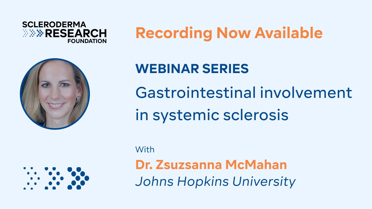 srfcure's tweet photo. Learn more about GI involvement in systemic sclerosis in a webinar presented by #srfcure-funded researcher Dr. Zsuzsanna McMahan, Associate Professor of Medicine in the Division of Rheumatology at Johns Hopkins University. Watch the entire webinar now: https://t.co/wnh0RqZR9a https://t.co/IhJxo2FKmc