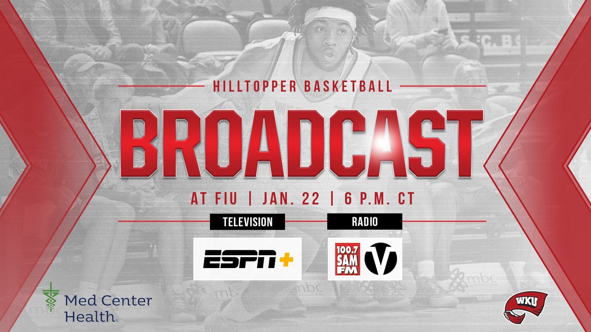 WKUBasketball's tweet photo. Here are the ways to follow tonight's game!
📺: ESPN+
💻: https://t.co/GckPMjTIWu
🎙 CUSAtv Audio: https://t.co/b55FewNeGv
🎙 Varsity Network: https://t.co/vwEwXP7jwF
📊: https://t.co/auz7Fag5Ma
#GotTops | @MedCenterHealth https://t.co/OqkotMRrt5