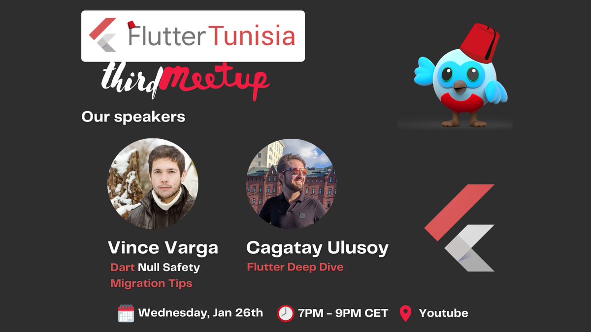 How you doin' Geeks! #Flutter Tunisia's 3rd meetup will be held in the next Wednesday with these experienced developers: - @ulusoyapps : Flutter under the hood 💙 - @vincevargadev: Dart Null Safety migration tips See you there! bit.ly/3qTLtd4